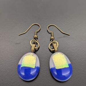Artisan Handmade Dichroic Shiny fused glass earrings  Nickel free ear hooks.
